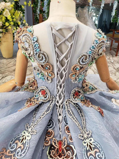 Dusty Blue Lace Ball Gown for Kids Beaded Princess Dresses FD2269C-Pageant Dresses for Kids 2025 -Viniodress-As Picture-Custom Size-