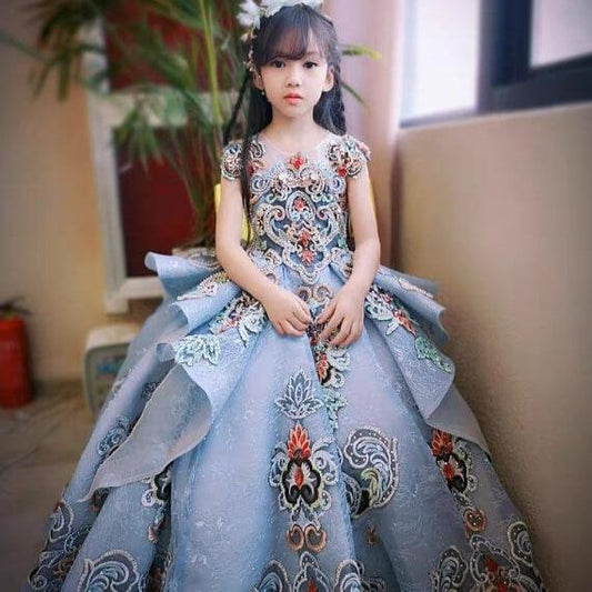 Dusty Blue Lace Ball Gown for Kids Beaded Princess Dresses FD2269C-Pageant Dresses for Kids 2025 -Viniodress-As Picture-Custom Size-