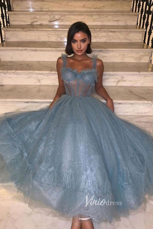 Short Prom Dresses 2025 Dusty Blue Lace Midi Prom Dress Sweetheat Long Party Dress FD2658-prom dresses-Viniodress-Dusty Blue-Custom Size-Viniodress