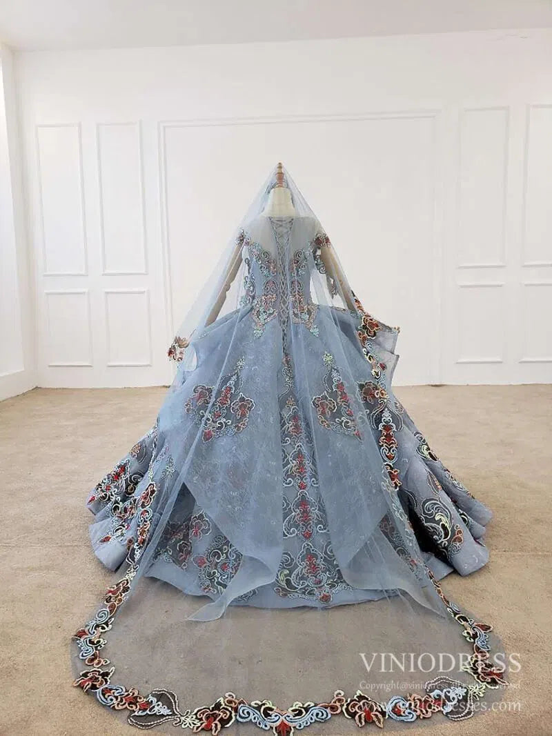 Dusty Blue Lace Quinceanera Dresses Layered Vintage Debut Ball Gowns F   Viniodress