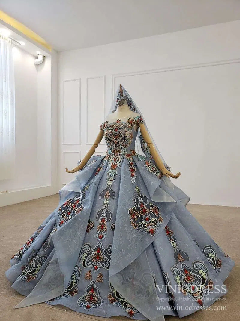 Dusty Blue Lace Quinceanera Dresses Layered Vintage Debut Ball Gowns FD2269 viniodress-Quinceanera Dresses 2025 -Viniodress-As Picture-Custom Size-