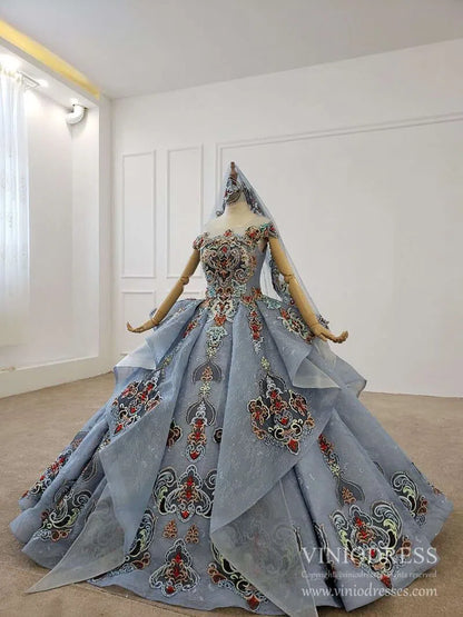 Dusty Blue Lace Quinceanera Dresses Layered Vintage Debut Ball Gowns FD2269 viniodress-Quinceanera Dresses 2025 -Viniodress-As Picture-Custom Size-