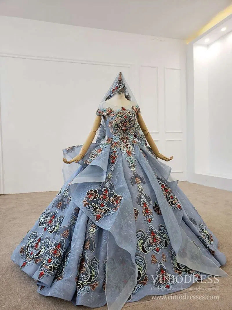 Dusty Blue Lace Quinceanera Dresses Layered Vintage Debut Ball Gowns F Viniodress Dusty Blue Lace Quinceanera Dresses Layered Vintage Debut Ball Gowns F Viniodress