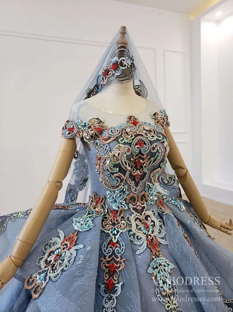 Dusty Blue Lace Quinceanera Dresses Layered Vintage Debut Ball Gowns F Viniodress Dusty Blue Lace Quinceanera Dresses Layered Vintage Debut Ball Gowns F Viniodress