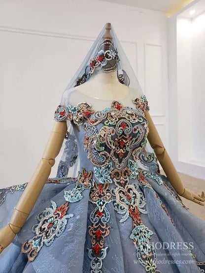 Dusty Blue Lace Quinceanera Dresses Layered Vintage Debut Ball Gowns FD2269 viniodress-Quinceanera Dresses 2025 -Viniodress-As Picture-Custom Size-