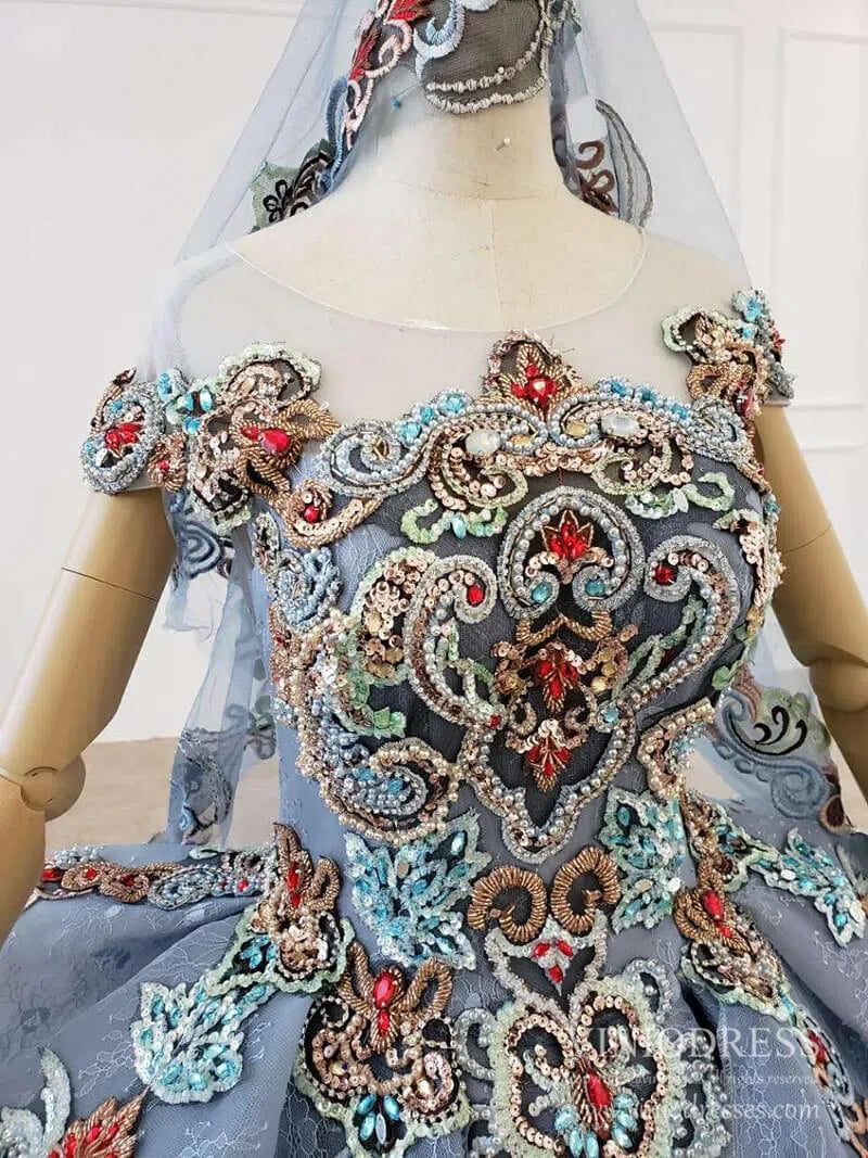 Dusty Blue Lace Quinceanera Dresses Layered Vintage Debut Ball Gowns FD2269 viniodress-Quinceanera Dresses 2025 -Viniodress-As Picture-Custom Size-