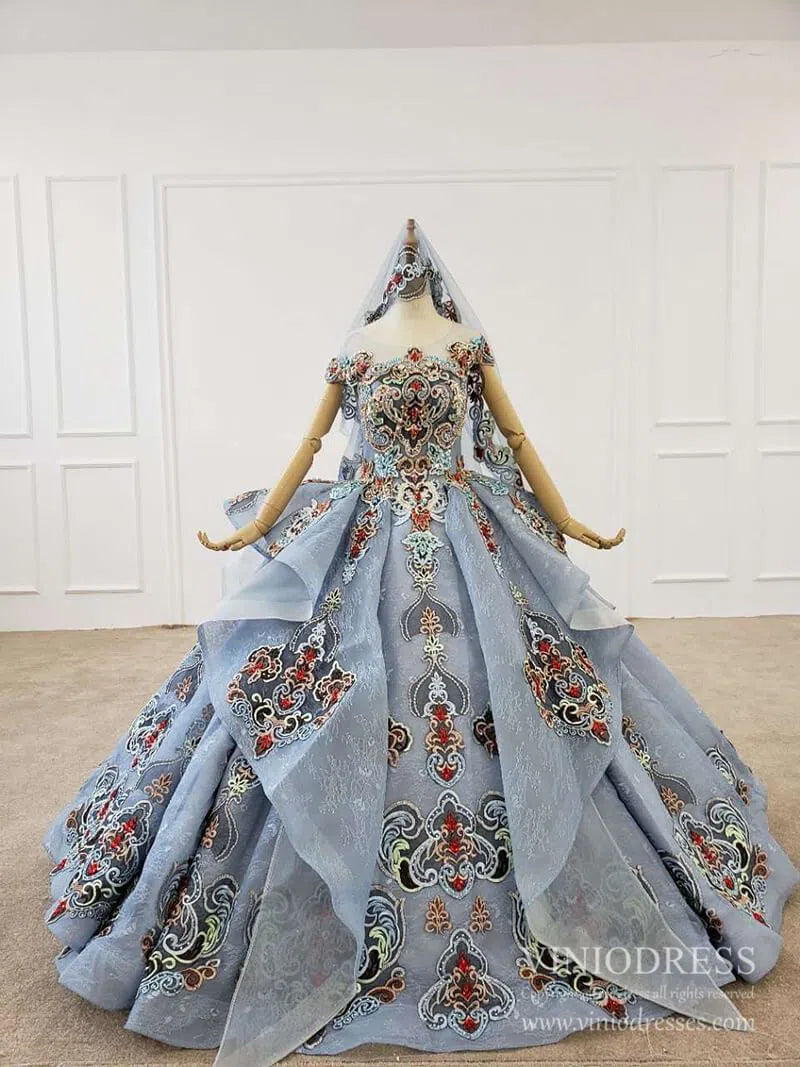 Dusty Blue Lace Quinceanera Dresses Layered Vintage Debut Ball Gowns FD2269 viniodress-Quinceanera Dresses 2025 -Viniodress-As Picture-Custom Size-