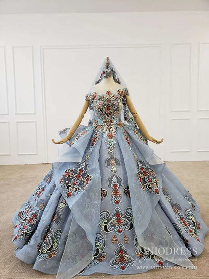 Dusty Blue Lace Quinceanera Dresses Layered Vintage Debut Ball Gowns FD2269 viniodress-Quinceanera Dresses 2025 -Viniodress-As Picture-Custom Size-