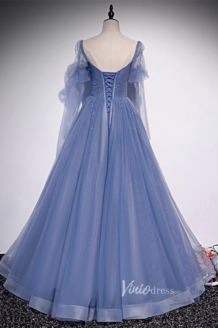 Dusty Blue Long Prom Dresses A-line Tulle Formal Dress FD2636-prom dresses 2025 -Viniodress-Dusty Blue-Custom Size-