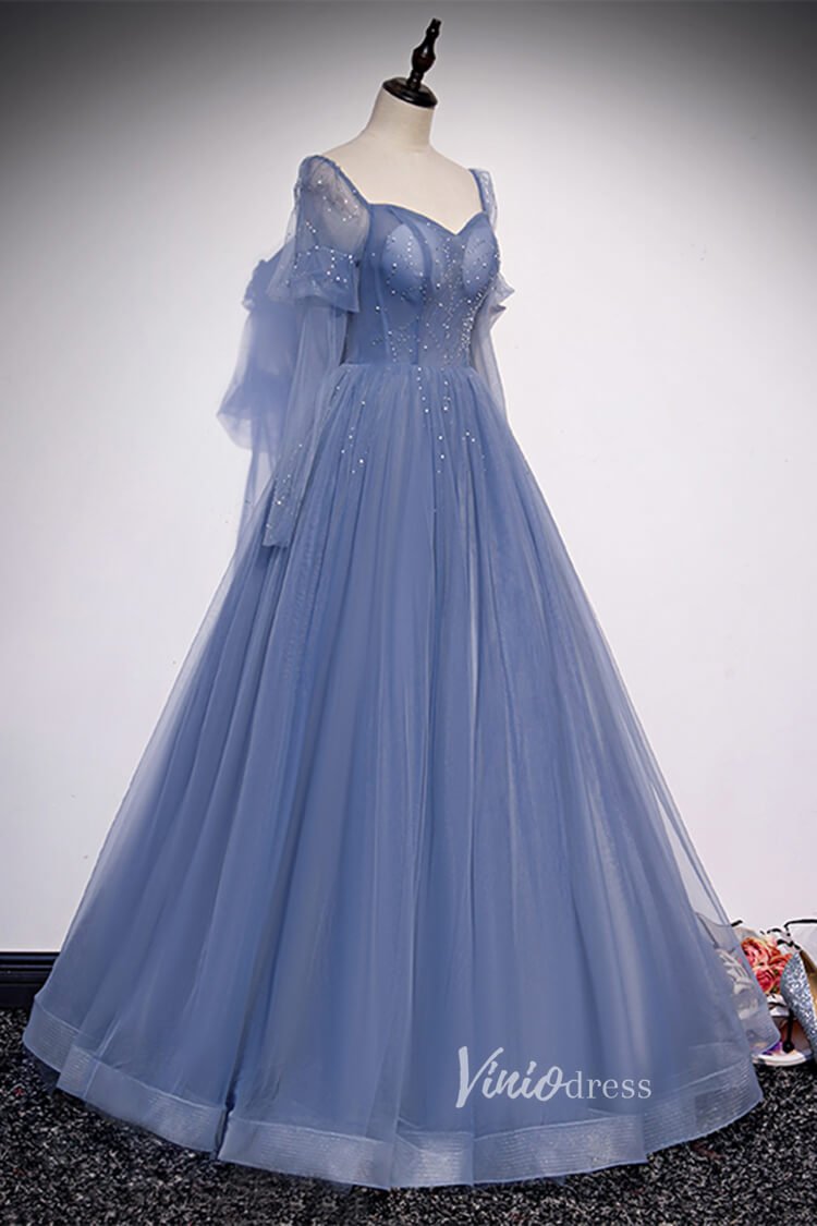 Dusty Blue Long Prom Dresses A-line Tulle Formal Dress FD2636-prom dresses 2025 -Viniodress-Dusty Blue-Custom Size-
