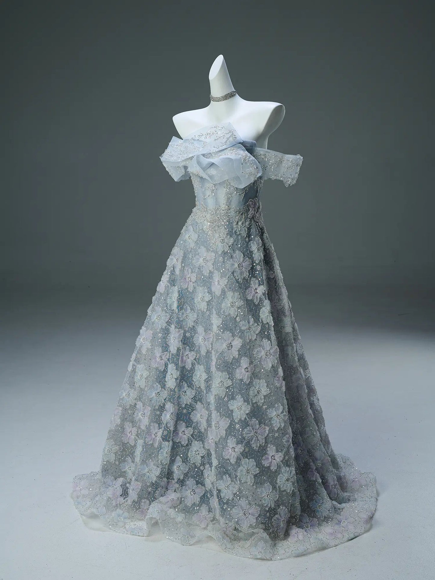 Dusty Blue Off the Shoulder Evening Gown with Sparkly Floral Lace & Tiered Neckline - CQ0111-Couture Gown 2025 -Viniodress-Blue-Custom Size-