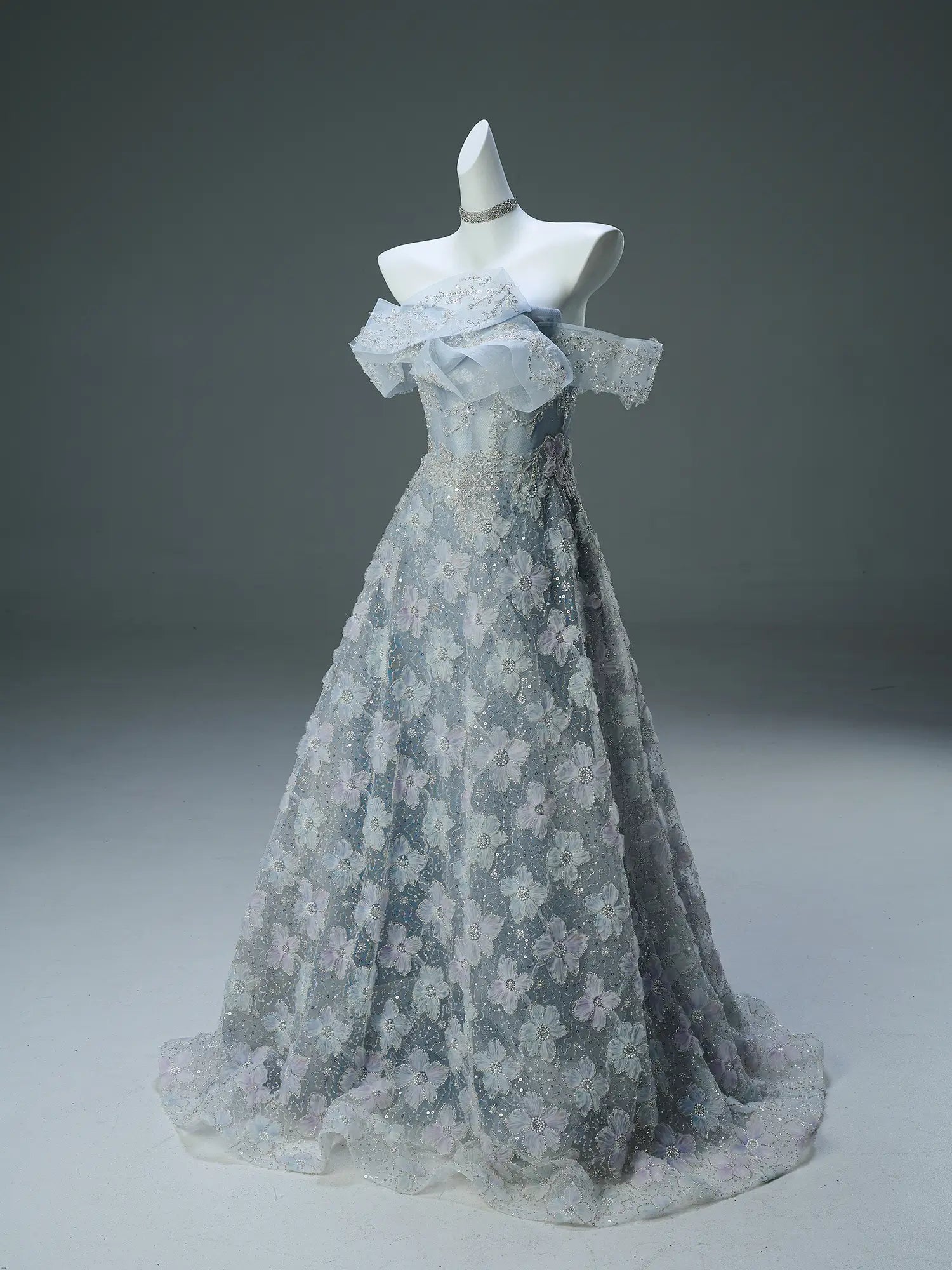 Dusty Blue Off the Shoulder Evening Gown with Sparkly Floral Lace & Tiered Neckline - CQ0111-Couture Gown 2025 -Viniodress-Blue-Custom Size-