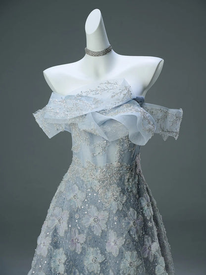 Dusty Blue Off the Shoulder Evening Gown with Sparkly Floral Lace & Tiered Neckline - CQ0111-Couture Gown 2025 -Viniodress-Blue-Custom Size-