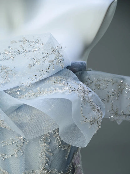 Dusty Blue Off the Shoulder Evening Gown with Sparkly Floral Lace & Tiered Neckline - CQ0111-Couture Gown 2025 -Viniodress-Blue-Custom Size-
