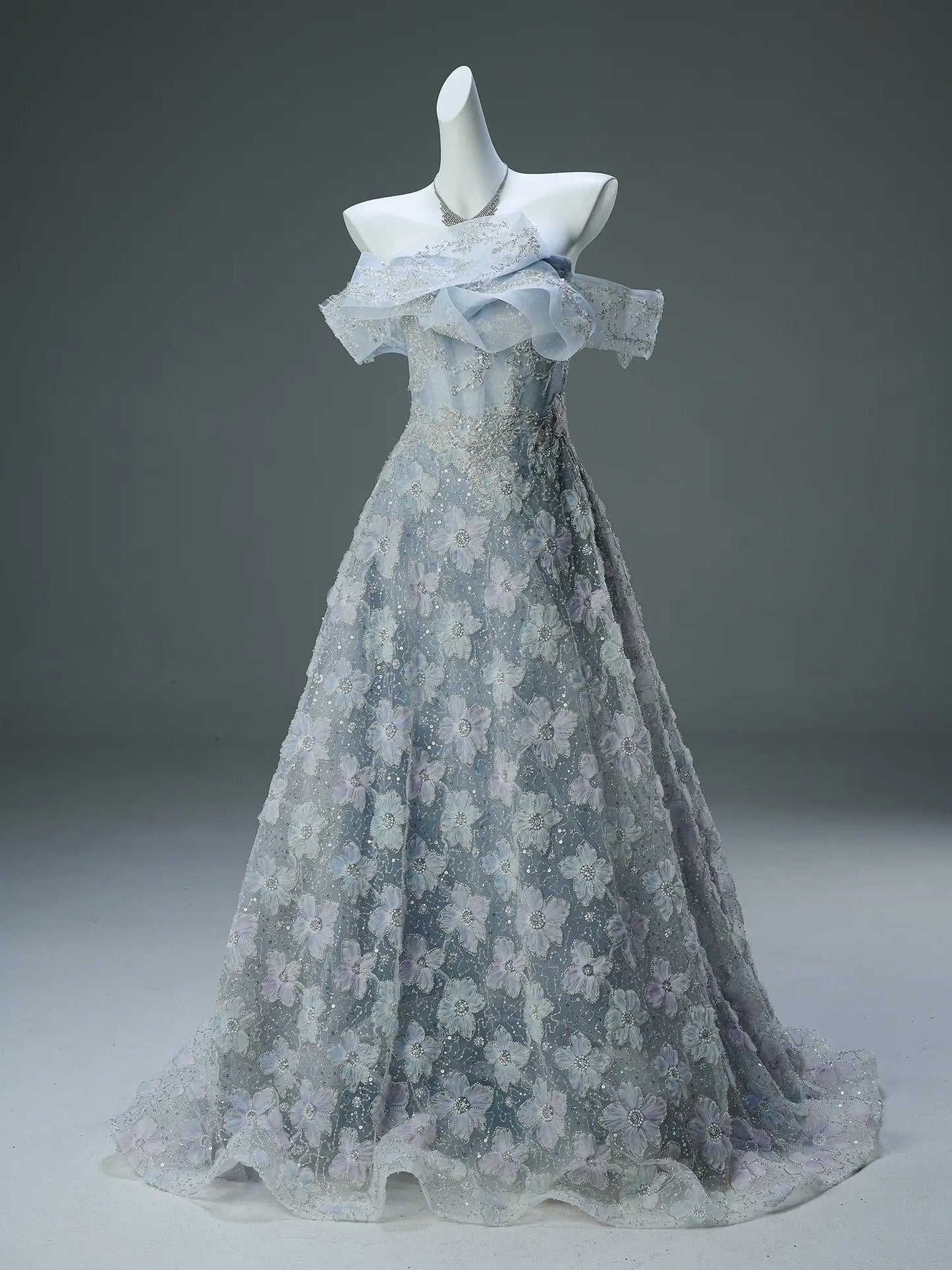 Dusty Blue Off the Shoulder Evening Gown with Sparkly Floral Lace & Tiered Neckline - CQ0111-Couture Gown 2025 -Viniodress-Blue-Custom Size-