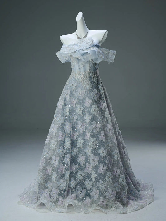 Dusty Blue Off the Shoulder Evening Gown with Sparkly Floral Lace & Tiered Neckline - CQ0111-Couture Gown 2025 -Viniodress-Blue-Custom Size-