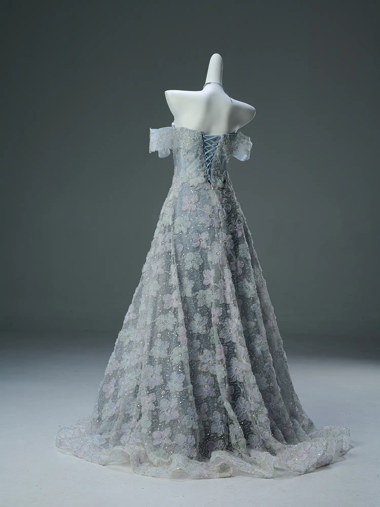 Dusty Blue Off the Shoulder Evening Gown with Sparkly Floral Lace & Tiered Neckline - CQ0111-Couture Gown 2025 -Viniodress-Blue-Custom Size-
