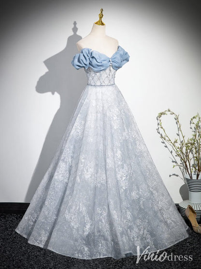 Dusty Blue Off the Shoulder Prom Dresses Sparkly Tulle Formal Dress AD1344-prom dresses 2025 -Viniodress-Dusty Blue-Custom Size-