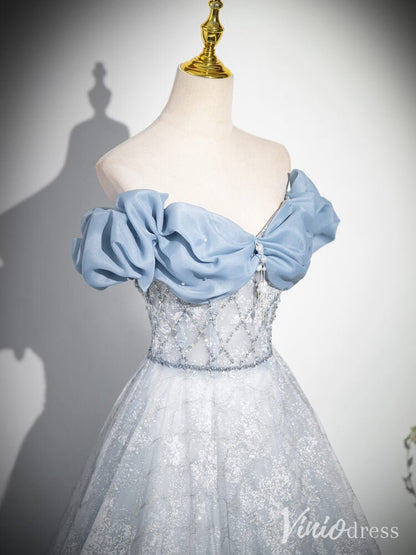 Dusty Blue Off the Shoulder Prom Dresses Sparkly Tulle Formal Dress AD1344-prom dresses 2025 -Viniodress-Dusty Blue-Custom Size-