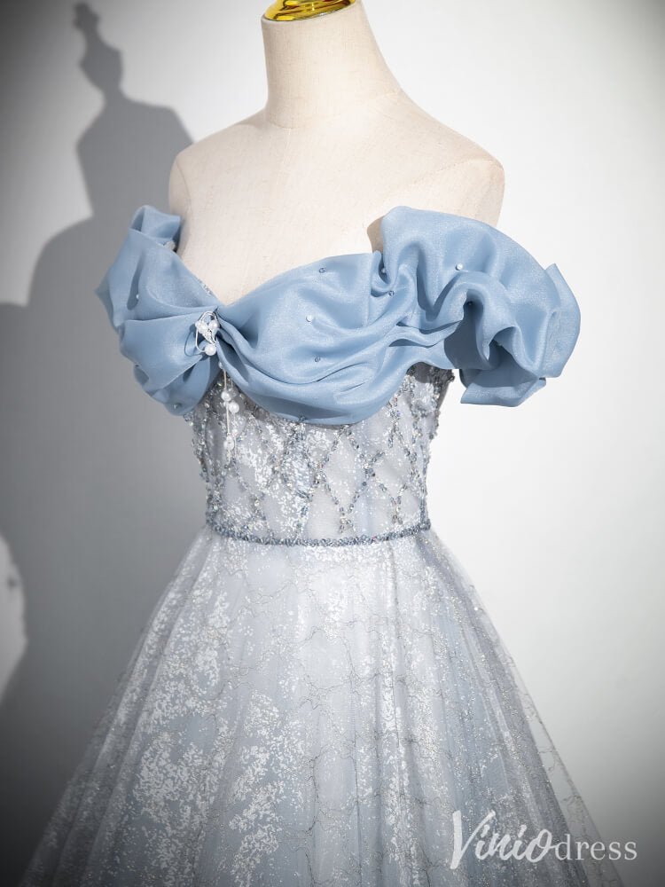 Dusty Blue Off the Shoulder Prom Dresses Sparkly Tulle Formal Dress AD1344-prom dresses 2025 -Viniodress-Dusty Blue-Custom Size-