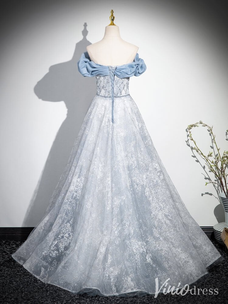 Dusty Blue Off the Shoulder Prom Dresses Sparkly Tulle Formal Dress AD1344 - Viniodressprom dressesDusty BlueCustom Size - Formal Dresses - Ball Gowns