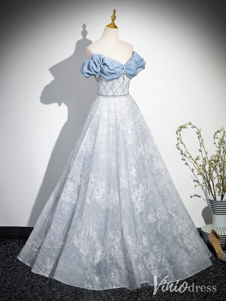 Dusty Blue Off the Shoulder Prom Dresses Sparkly Tulle Formal Dress AD1344-prom dresses-Viniodress-Viniodress