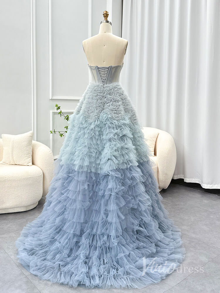 Dusty Blue Off the Shoulder Tiered Prom Dresses Sheer Boned Bodice Formal Gown AD1185-prom dresses 2025 -Viniodress-Dusty Blue-Custom Size-
