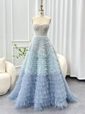 Dusty Blue Off the Shoulder Tiered Prom Dresses Sheer Boned Bodice Formal Gown AD1185-prom dresses-Viniodress-Viniodress