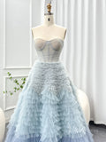 Dusty Blue Off the Shoulder Tiered Prom Dresses Sheer Boned Bodice Formal Gown AD1185-prom dresses-Viniodress-Viniodress