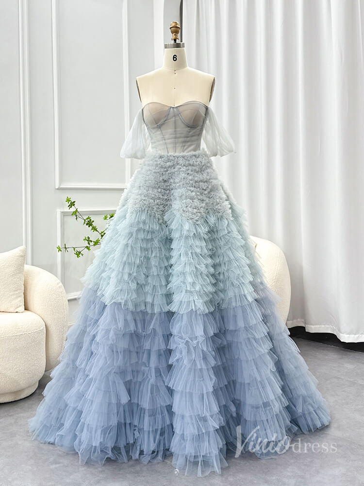 Dusty Blue Off the Shoulder Tiered Prom Dresses Sheer Boned Bodice Formal Gown AD1185-prom dresses-Viniodress-Dusty Blue-Custom Size-Viniodress