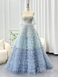Dusty Blue Off the Shoulder Tiered Prom Dresses Sheer Boned Bodice Formal Gown AD1185