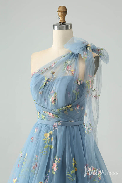 Dusty Blue One Shoulder Homecoming Dresses Lace Applique Back to School Dress S24022-prom dresses 2025 -Viniodress-Dusty Blue-Custom Size-