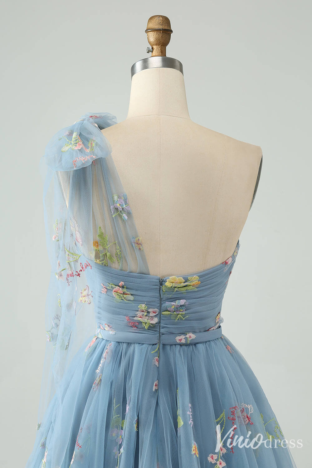 Dusty Blue One Shoulder Homecoming Dresses Lace Applique Back to School Dress S24022-prom dresses 2025 -Viniodress-Dusty Blue-Custom Size-