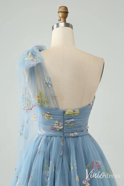 Dusty Blue One Shoulder Homecoming Dresses Lace Applique Back to School Dress S24022-prom dresses 2025 -Viniodress-Dusty Blue-Custom Size-