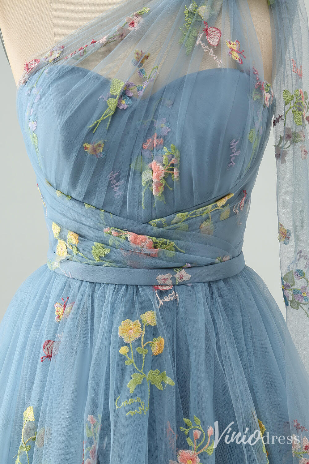 Dusty Blue One Shoulder Homecoming Dresses Lace Applique Back to School Dress S24022-prom dresses 2025 -Viniodress-Dusty Blue-Custom Size-