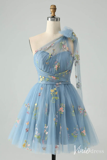 Dusty Blue One Shoulder Homecoming Dresses Lace Applique Back to School Dress S24022-prom dresses 2025 -Viniodress-Dusty Blue-Custom Size-