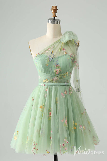 Dusty Blue One Shoulder Homecoming Dresses Lace Applique Back to School Dress S24022-prom dresses 2025 -Viniodress-Mint Green-Custom Size-