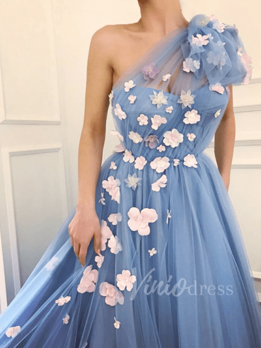 Dusty Blue One-Shoulder Tulle Prom Dress with Pink Flowers & Pockets | A-Line Evening Gown FD1530-prom dresses 2025 -Viniodress-Dusty Blue-Custom Size-
