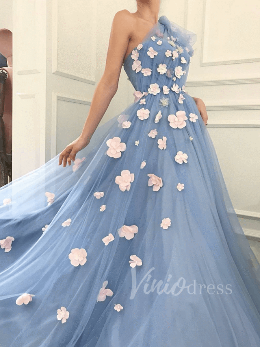 Dusty Blue One-Shoulder Tulle Prom Dress with Pink Flowers & Pockets | A-Line Evening Gown FD1530-prom dresses 2025 -Viniodress-Dusty Blue-Custom Size-