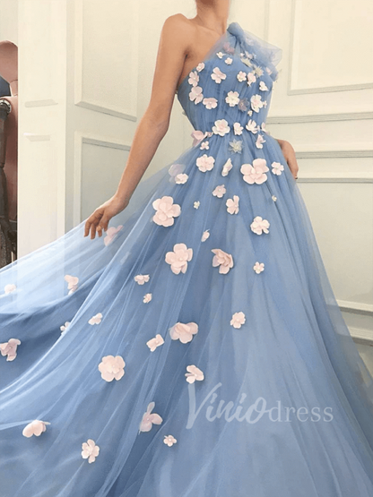 Dusty Blue One-Shoulder Tulle Prom Dress with Pink Flowers & Pockets | A-Line Evening Gown FD1530-prom dresses 2025 -Viniodress-Dusty Blue-Custom Size-