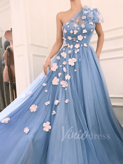 Dusty Blue One-Shoulder Tulle Prom Dress with Pink Flowers & Pockets | A-Line Evening Gown FD1530-prom dresses 2025 -Viniodress-Dusty Blue-Custom Size-