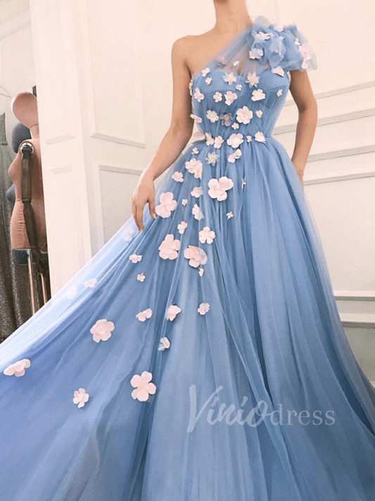 Dusty Blue One-Shoulder Tulle Prom Dress with Pink Flowers & Pockets | A-Line Evening Gown FD1530-prom dresses 2025 -Viniodress-Dusty Blue-Custom Size-