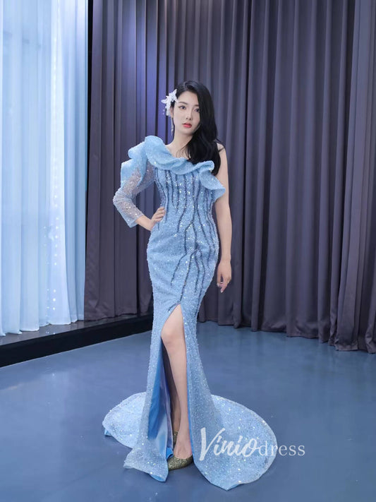Dusty Blue Pageant Dress One Shoulder Long Sleeve Mermaid Formal Evening Gowns 222185-Evening Dresses 2025 -Viniodress-Dusty Blue-Custom Size-