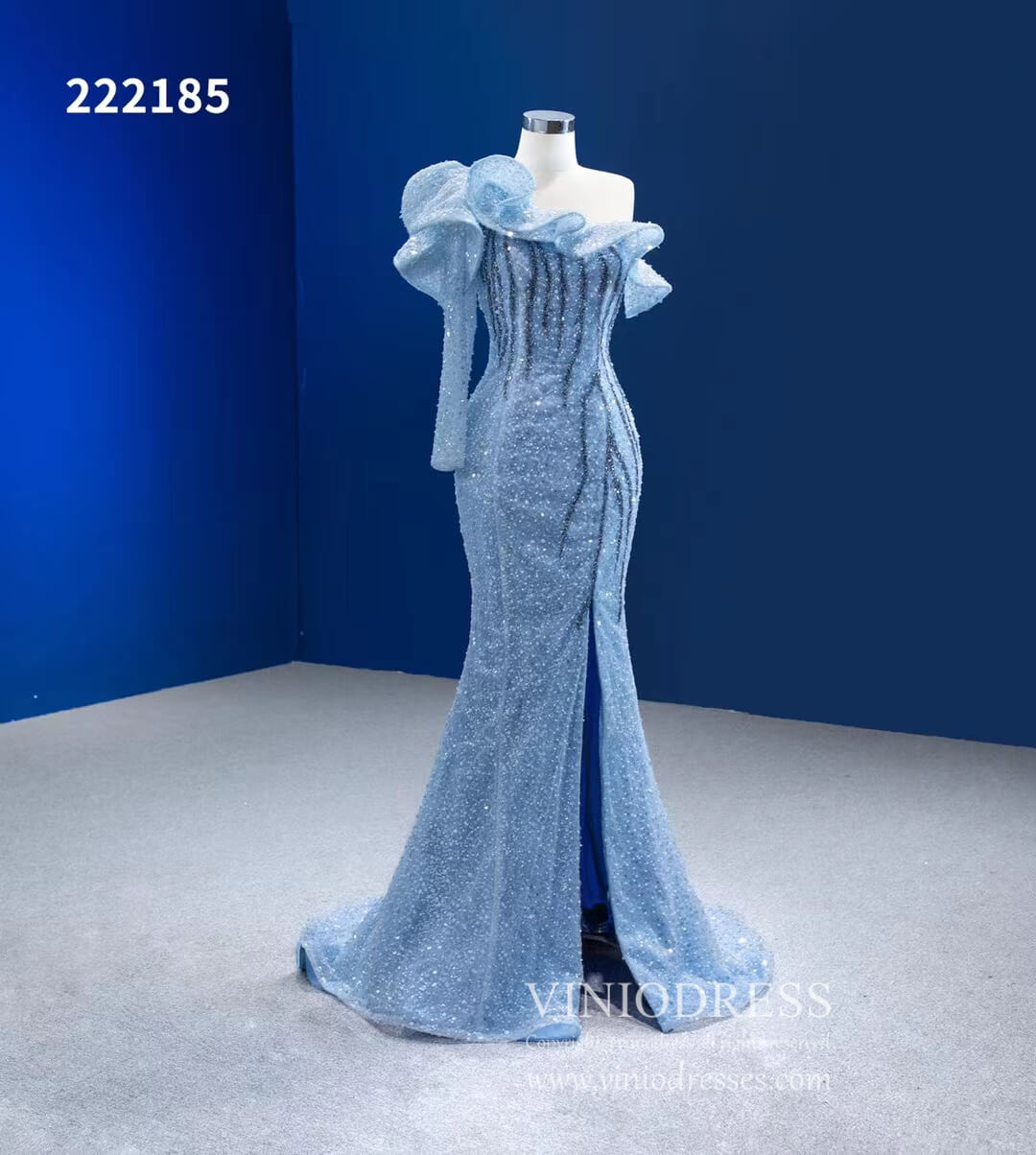 Dusty Blue Pageant Dress One Shoulder Long Sleeve Mermaid Formal Evening Gowns 222185-Evening Dresses 2025 -Viniodress-Dusty Blue-Custom Size-