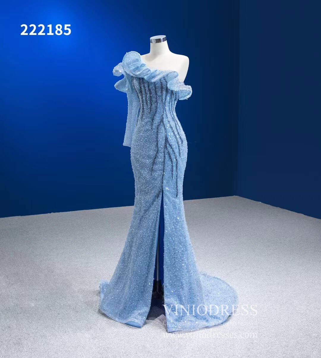 Dusty Blue Pageant Dress One Shoulder Long Sleeve Mermaid Formal Evening Gowns 222185-Evening Dresses 2025 -Viniodress-Dusty Blue-Custom Size-