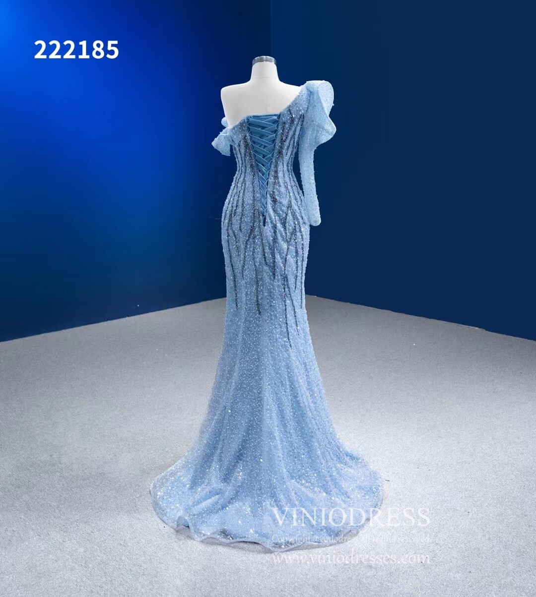 Dusty Blue Pageant Dress One Shoulder Long Sleeve Mermaid Formal Evening Gowns 222185-Evening Dresses 2025 -Viniodress-Dusty Blue-Custom Size-