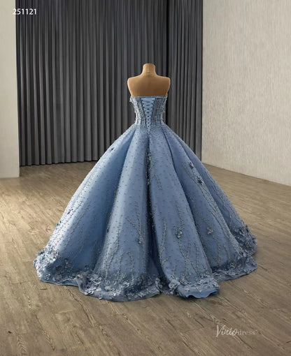Dusty Blue Pearl Beaded Quinceañera Dress | Strapless Sweet 16 Gown with 3D Flowers & Corset Back 251121-Quinceanera Dresses 2026-Viniodress-Dusty Blue-Custom Size-