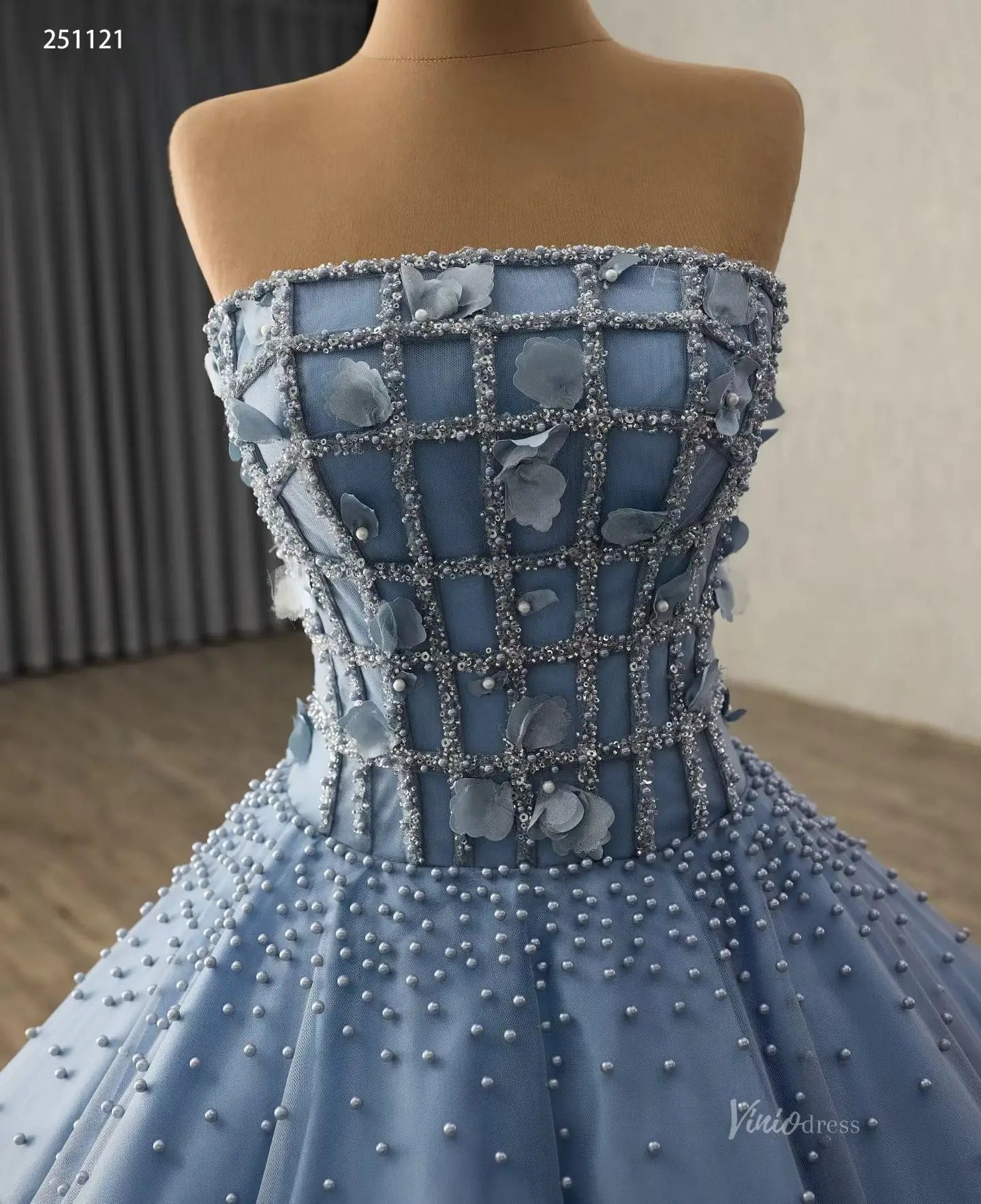 Dusty Blue Pearl Beaded Quinceañera Dress | Strapless Sweet 16 Gown with 3D Flowers & Corset Back 251121-Quinceanera Dresses 2026-Viniodress-Dusty Blue-Custom Size-