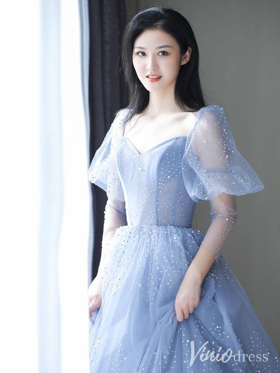 Dusty Blue Pearl Sweetheart Prom Dresses Puffed Sleeve Formal Dress AD1327-prom dresses 2025 -Viniodress-Dusty Blue-Custom Size-