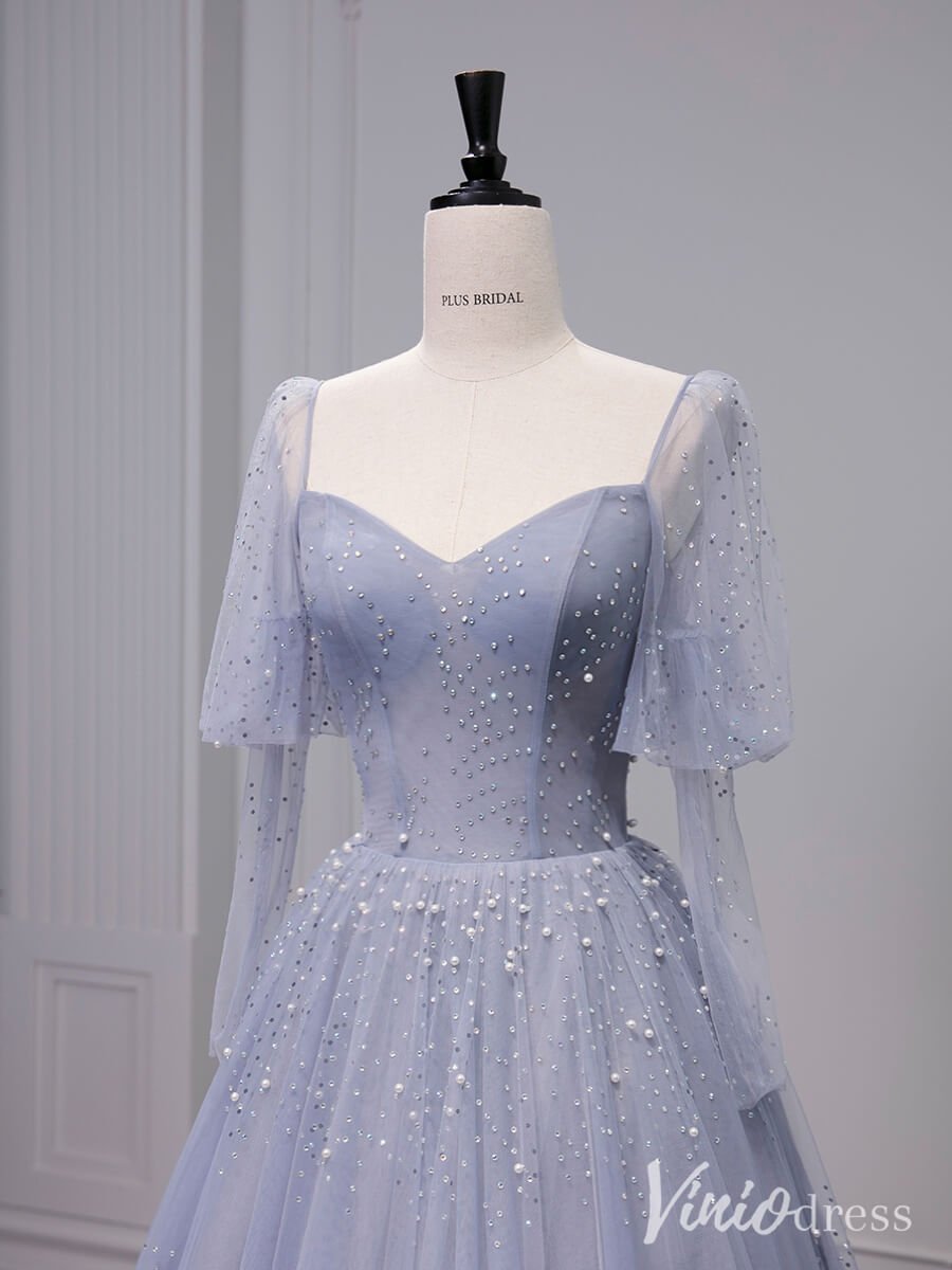 Dusty Blue Pearl Sweetheart Prom Dresses Puffed Sleeve Formal Dress AD1327-prom dresses 2025 -Viniodress-Dusty Blue-Custom Size-
